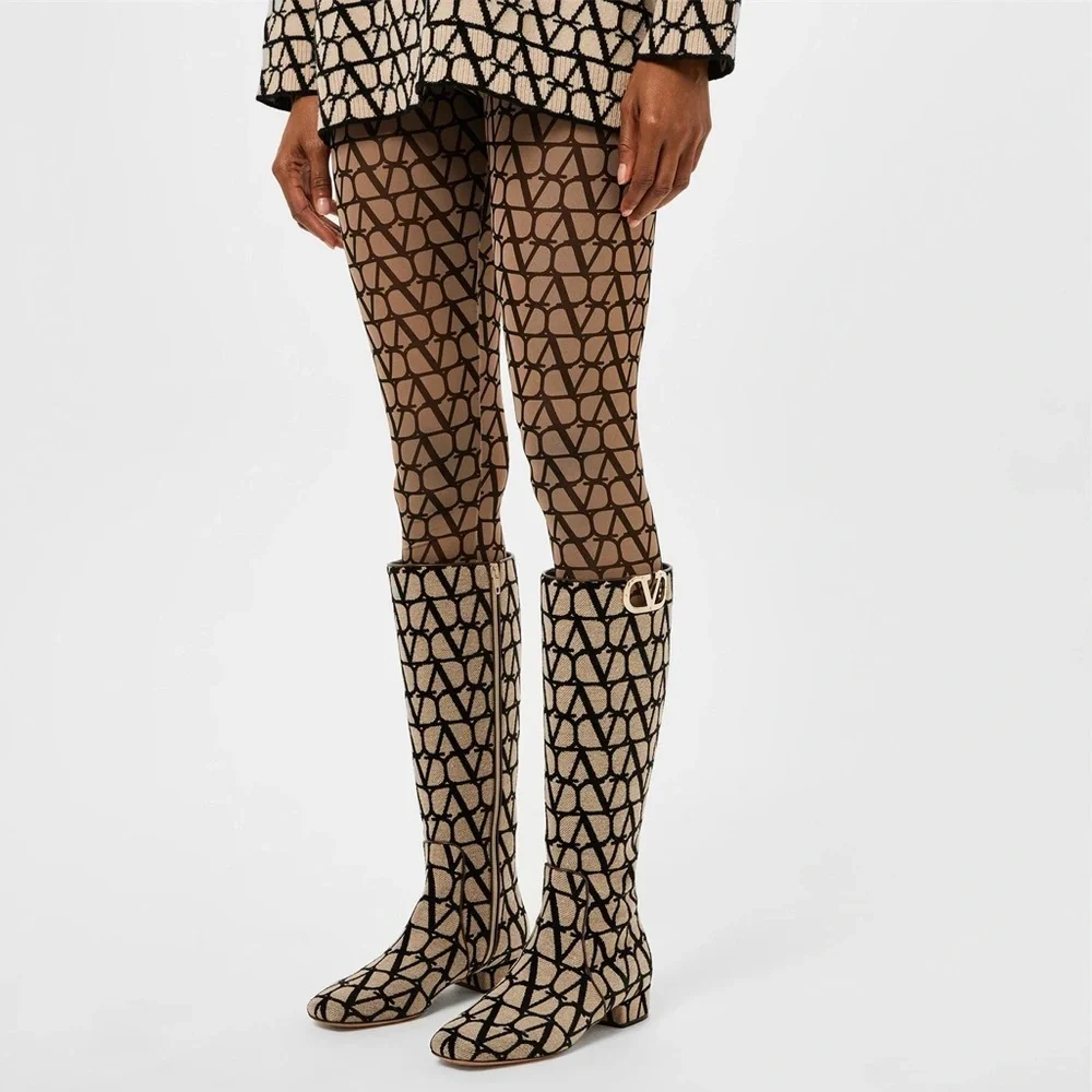 Valentino Garavani Toile Iconographe V-Logo Knee-High Boots, New, w/Box, Size 37